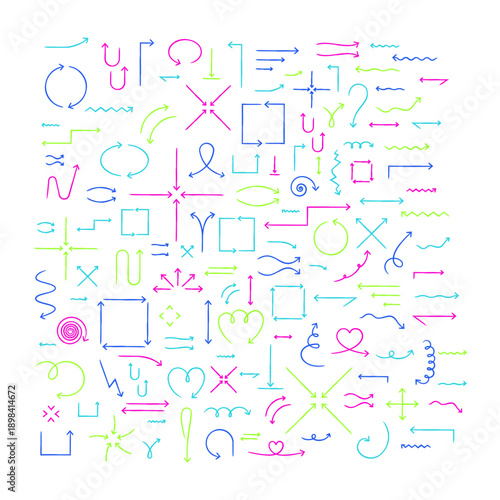 Colorful hand-drawn sketch arrow set. Doodle line pointers for direction and explainer content. Simple handdrawn symbols collection. Freehand clip arts. Editable vector overlay assets for social media