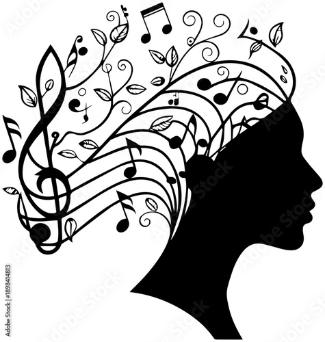 Woman Silhouette with Music Notes and Vines Creative Mind Concept Vector Illustration