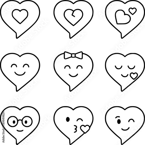 Nine heart chat bubble outline icons with valentine expressions, suitable for messaging apps and romantic communication visuals