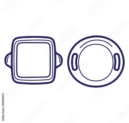 Simple hand drawn illustration of two serving dishes one square and one round