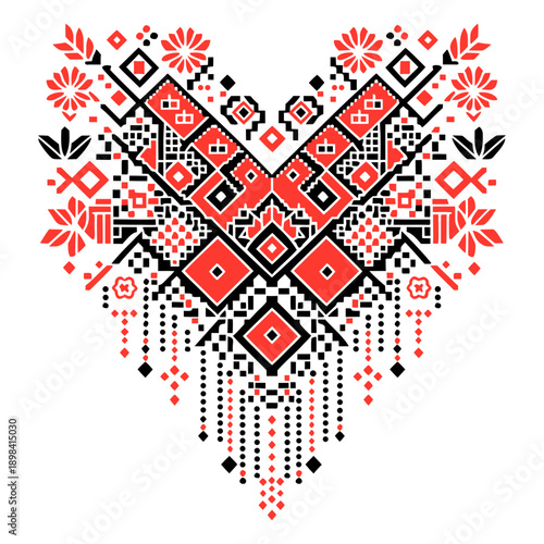 Ethnic embroidered heart with Ukrainian vyshyvanka folk pixel pattern. Traditional red and black ornamental geometric heart. Vector illustration for greeting card for Valentine's Day