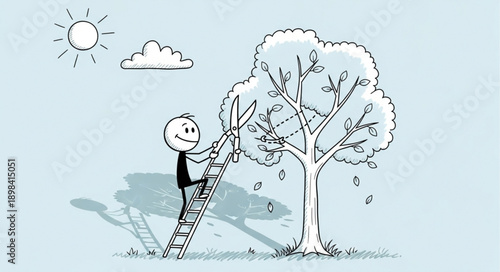 Cartoon man on ladder pruning a tree with scissors.