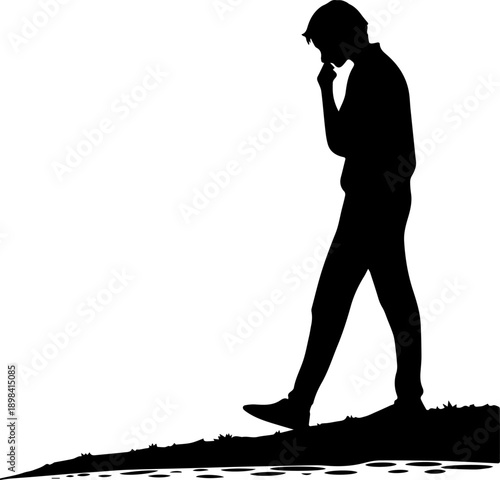 Pensive young man walking silhouette Thinking person stepping forward vector illustration black and white graphic