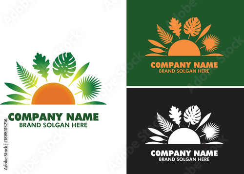 Eco Friendly Gardening Pot with Green Tree and Rising Sun Landscape, vector logo template