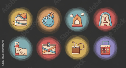 Collection of Eight Circular Icons Representing Landmarks and Symbols.