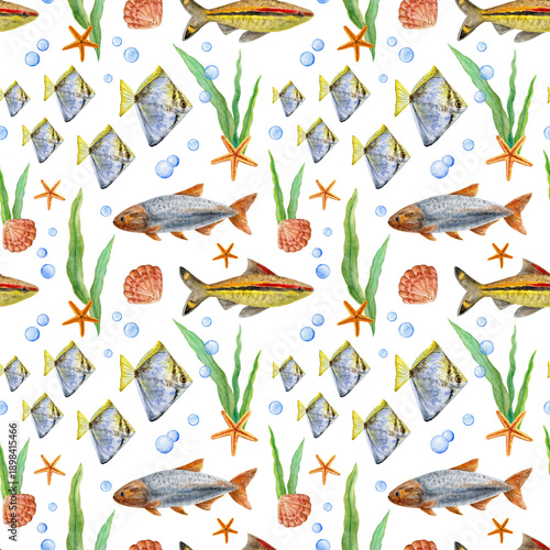 Marine watercolor seamless pattern, fish, starfish, shells, and seaweed. Hand-drawn illustration, underwater world, aquarium.