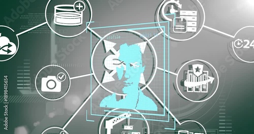 Animation of digital portraits over network of media icons and scanner processing data