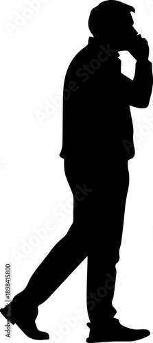 Black silhouette of a man walking while talking on a mobile phone Full length side profile vector illustration