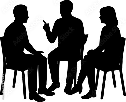 Vector silhouette of three people seated discussing Group meeting or counseling session
