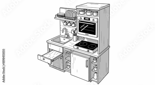 Detailed Illustration of Kitchen Appliances and Fixtures.