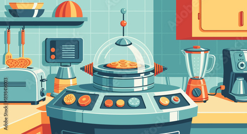 Futuristic Kitchen Appliance with Food Inside.