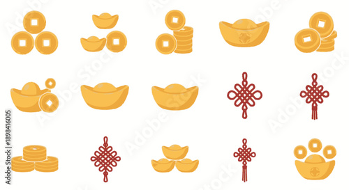 Collection of golden ingots and red symbols arranged neatly in a grid pattern on a clean background viewed from directly above