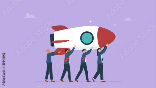 Business people team help carry rocket to launch. Entrepreneur or startup company, teamwork help develop to launch new project, initiative or opportunity to growth, leadership or cooperation.