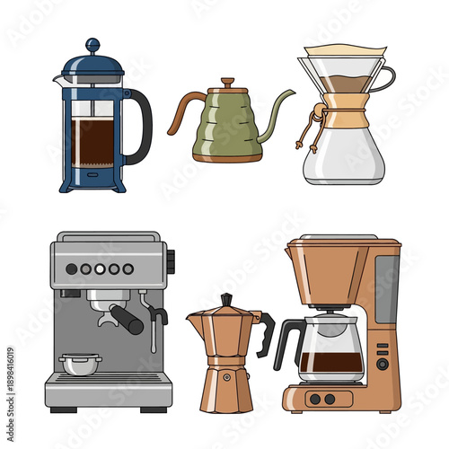 Collection of Coffee Makers: French Press, Pour Over, Espresso Machine, Moka Pot, Drip