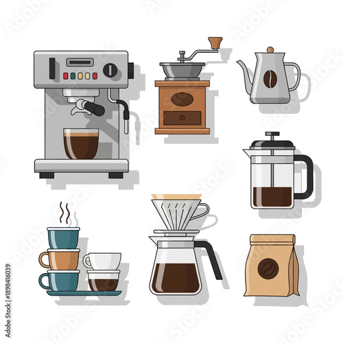 Coffee Making Tools: Espresso Machine, Grinder, Kettle, French Press, Pour Over