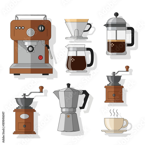 Coffee Making Equipment Collection: Espresso Machine, Grinders, French Press, Moka Pot, Pour Over