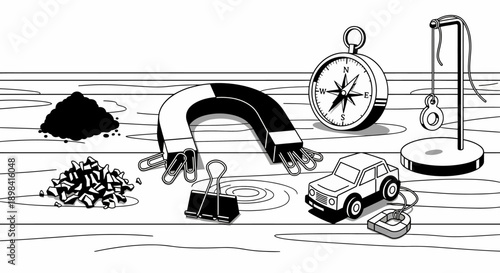 Magnet attracting various metal objects strongly.