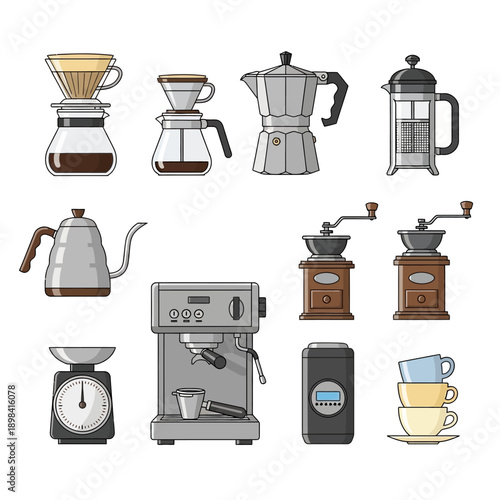 Coffee Making Equipment Flat Design Icons Set
