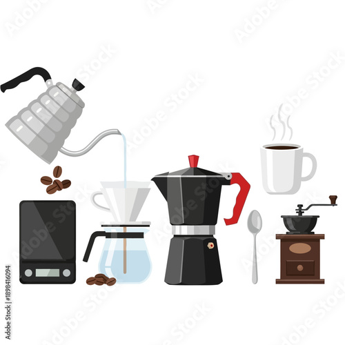 Coffee Brewing Essentials: Pour Over, Moka Pot, Grinder, Scale, Kettle & Cup
