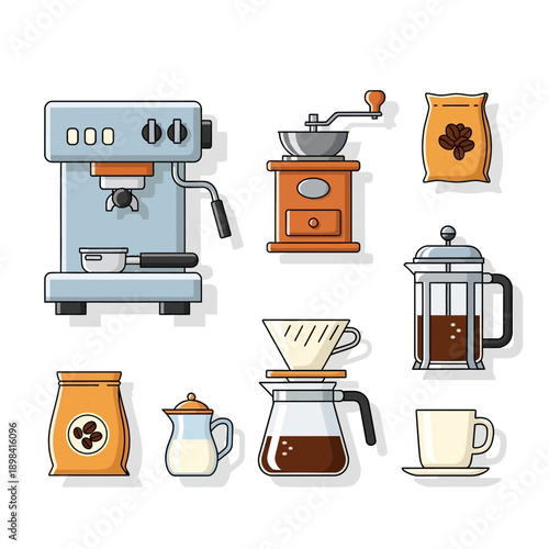Coffee Making Tools Flat Icons: Espresso Machine, Grinder, French Press, Pourover, Beans