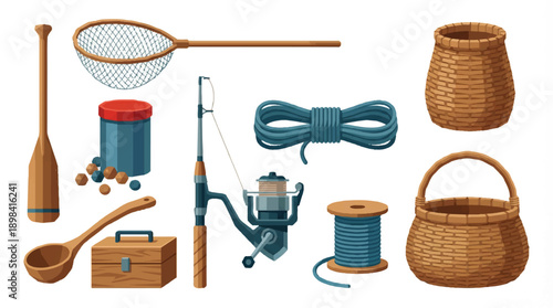 Fishing gear and accessories for angling and fishing activities  various tools and equipment