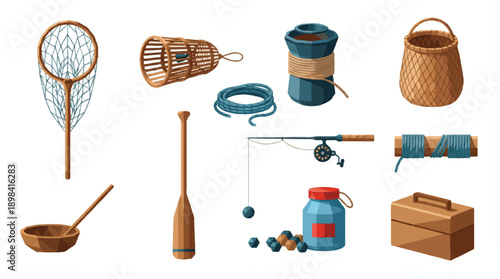 Fishing equipment and accessories laid out on a white surface for use