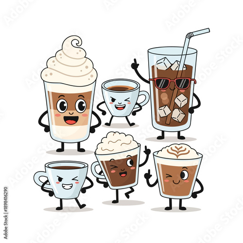 Cute Coffee Drinks Characters Set: Latte, Espresso, Iced Coffee, Cappuccino