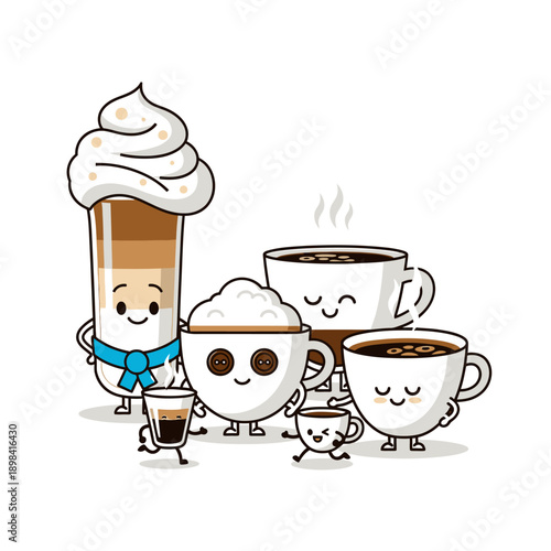Cute Kawaii Coffee Drinks Family with Smiling Faces and Whipped Cream