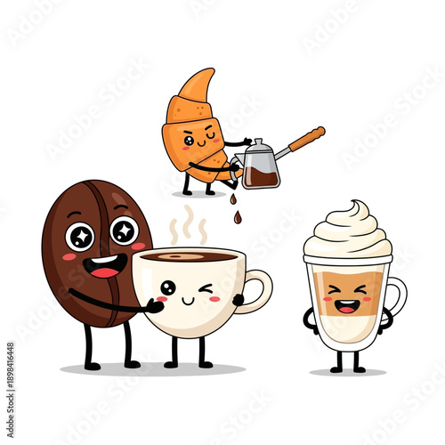 Cute coffee bean character holding a coffee cup with a croissant pouring coffee