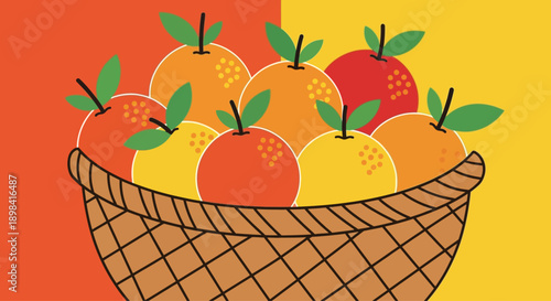 Basket filled with a vibrant assortment of fresh ripe apples and oranges.