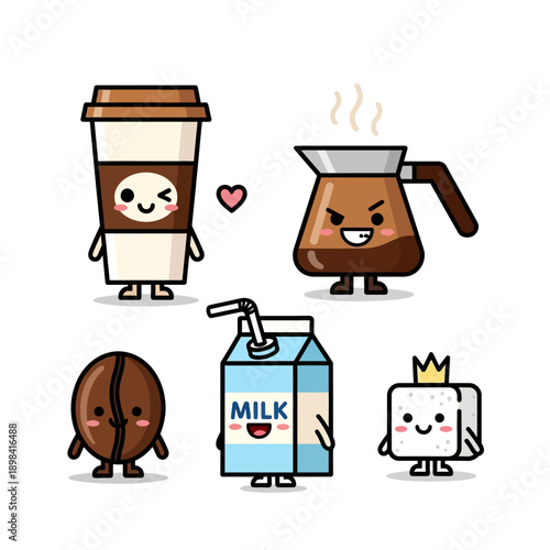 Cute Kawaii Coffee Characters: Cup, Bean, Milk, Sugar, and Coffee Pot