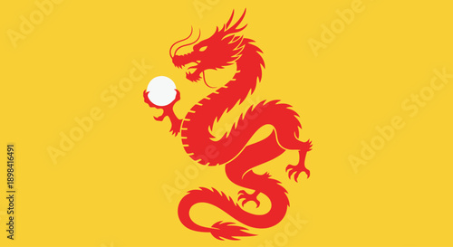 Red Chinese Dragon Holding Pearl on Yellow Background.