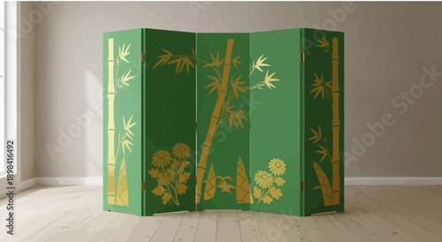 Elegant Green Room Divider with Golden Floral and Bamboo Motifs.