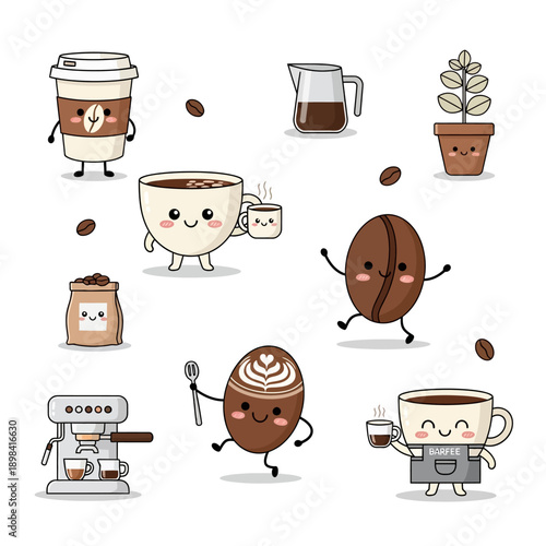 Cute Kawaii Coffee Characters and Accessories Set