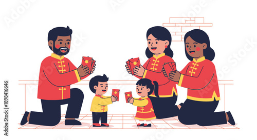 Happy family celebrating Chinese New Year with red envelopes.