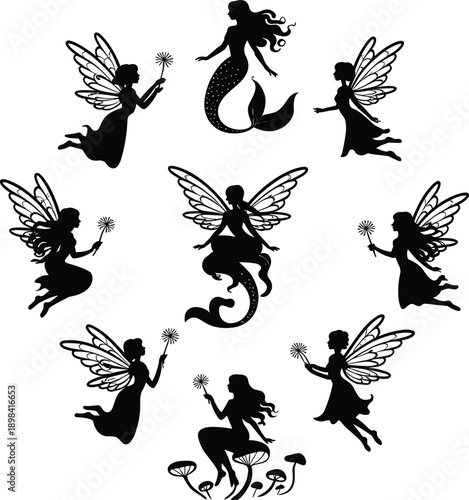 Black Fairy and Mermaid Silhouette Vector Set Featuring Mythical Creatures with Wings, Dandelion Flowers, and Mushroom Elements for Fantasy Design Projects