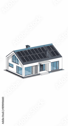 Modern House with Solar Panels on Roof.