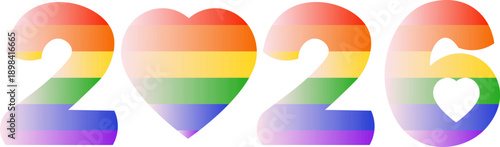 The year 2026 is written in the style of a flat illustration, in the colors of the LGBTQ flag with a gentle gradient