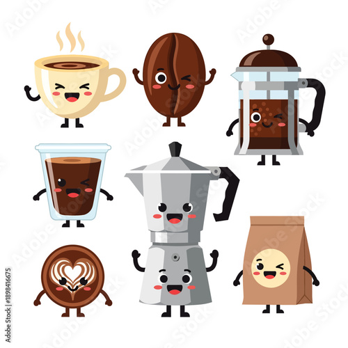 Cute Coffee Characters: Espresso, Beans, Moka Pot, French Press & More