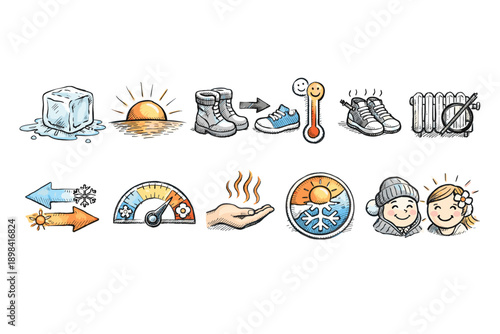 Weather and temperature icon set. Illustrated collection in hand-drawn style