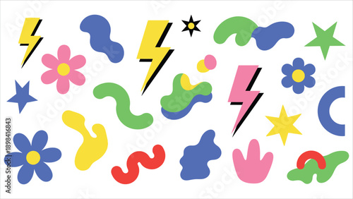 Abstract clouds and flowers shapes sticker set. Groovy funky flowers, bubbles, stars, loops and waves in trendy retro cartoon style. Vector illustration with wavy elements