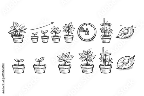 Botanical growth outline icon set. Plant development, gardening icons collection