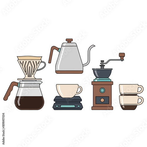Coffee Brewing Equipment Set: Pour Over Dripper, Kettle, Grinder, Scale, Cups