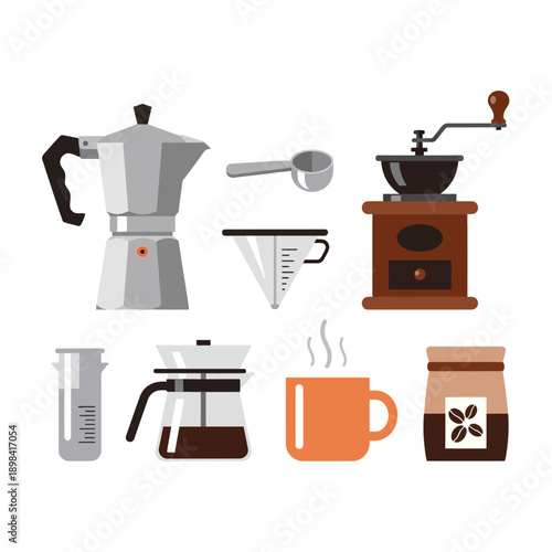 Coffee Making Equipment Set: Moka Pot, Grinder, Dripper, Mug, Beans