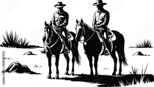Two cowboy riders on horseback in western desert landscape, black and white silhouette illustration, vintage wild west art style