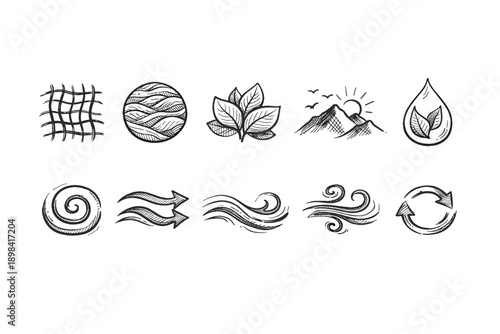 Nature and energy sketch icon set. Hand-drawn, eco, organic, nature collection