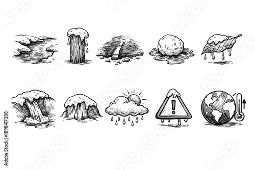 Climate change icon set. Environmental, nature, doodle style icons collection