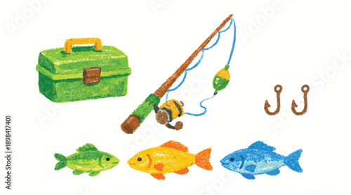 Fishing gear and tackle with colorful fish on white background