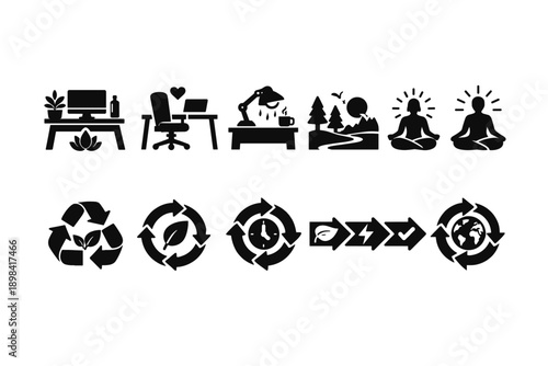 Home office, yoga, and recycling silhouette icon set. Eco-friendly lifestyle icons.