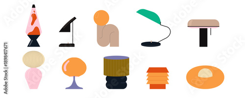 Table lamps set. Modern and retro style electric light decoration. Cozy bedside night decor and desktop illumination with lampshade designs. Flat vector illustration isolated on white background.